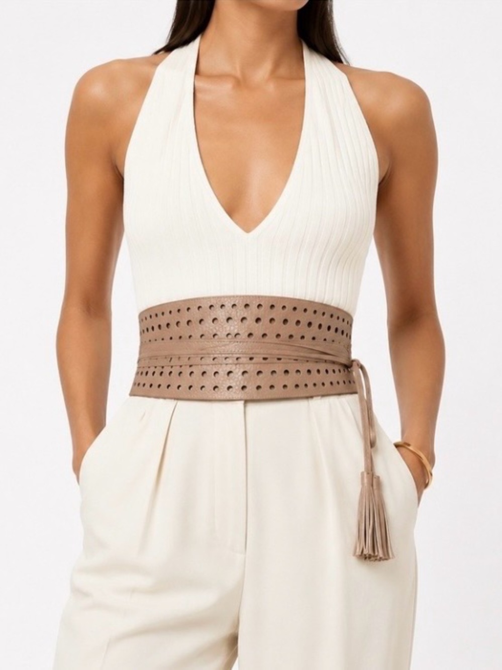 BCBGMaxAzria Perforated Taupe Wrap Belt with Tassel